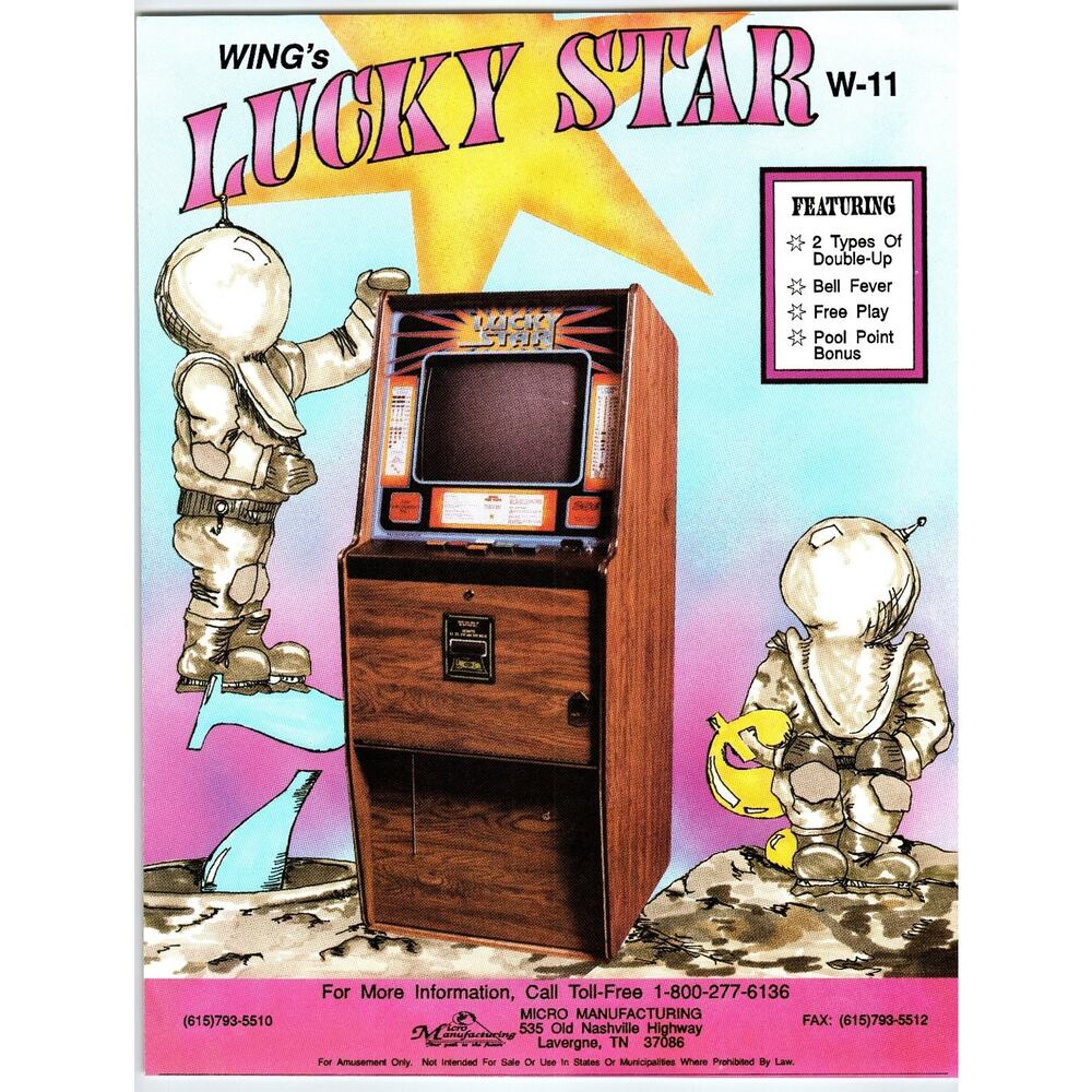 1970s Lucky Star Arcade Machine Flyer Micro Manufacturing TN Vintage